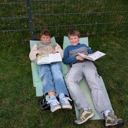 2 Buben liegen im Gras beim Lesen