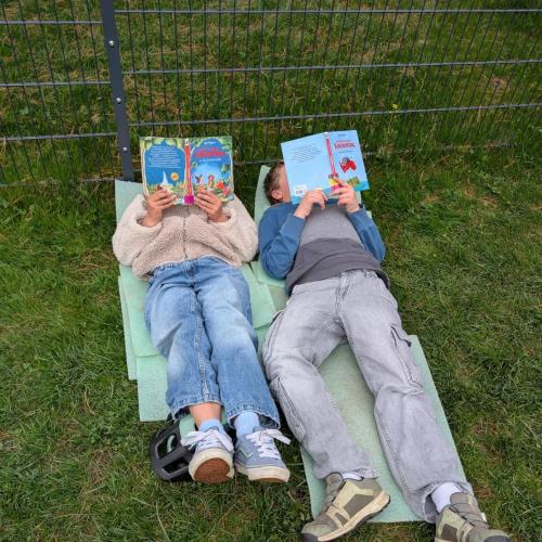 2 Buben liegen im Gras beim Lesen