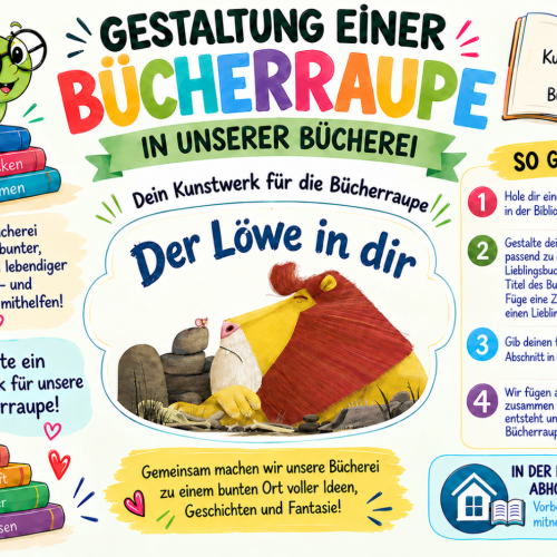 Plakat zur Einladung der Gestaltung einer Bücherraupe