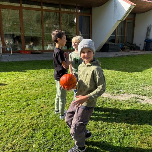Kinder bei der Kürbisernte 