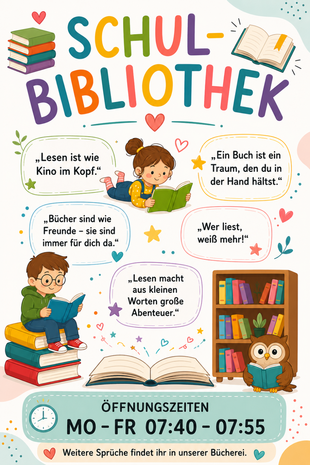 Plakat zur Schulbibliothek mit vielen Sprüchen zum Thema Lesen