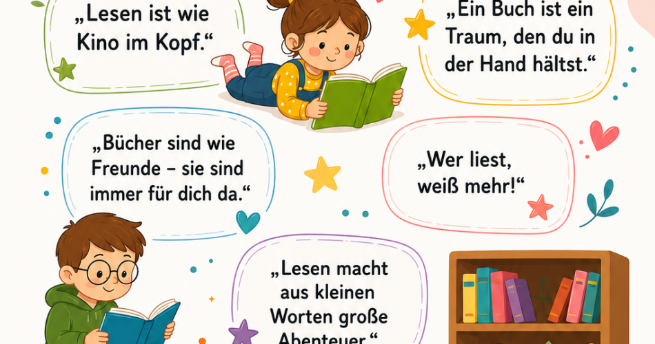 Plakat zur Schulbibliothek mit vielen Sprüchen zum Thema Lesen